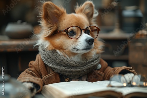 A studious pup cozied up indoors, engrossed in a good book while sporting a pair of spectacles and a fashionable scarf photo