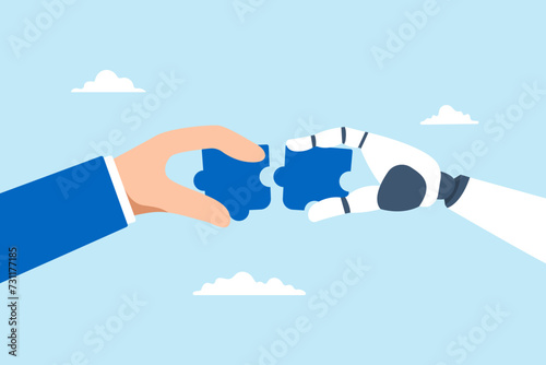 Businessman and AI robot hand connecting jigsaw puzzle together