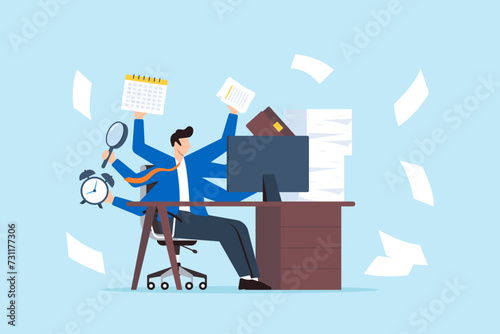 Workaholic businessman overworked on his office desk with paper works