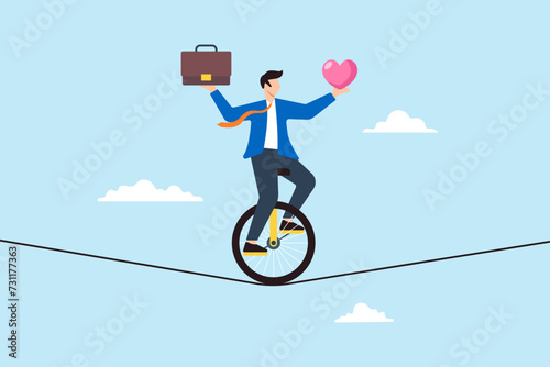 Businessman with unicycle balancing heart and briefcase