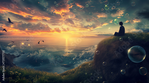 Contemplative Man on Cliff with Bubbles and Birds at Sunset