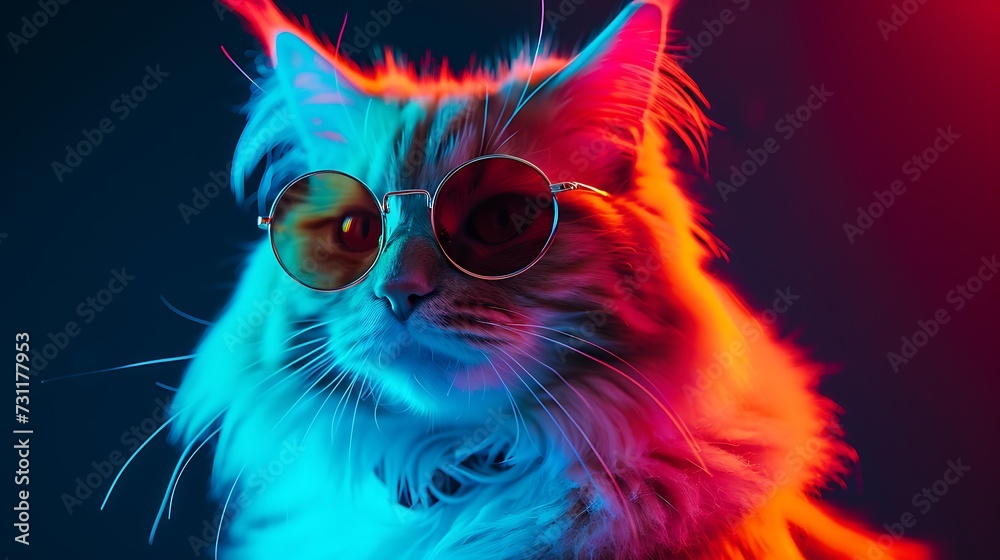 Portrait of highland straight fluffy cat with long hair and round glasses in neon light