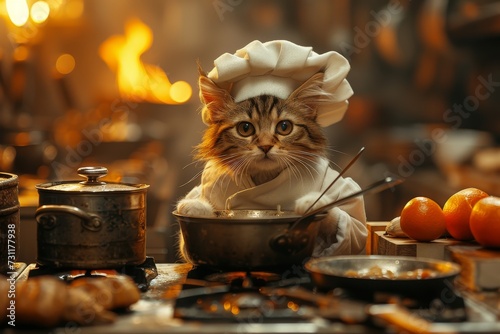 A festive feline stirs up a spooky treat in the kitchen, donning a chef's hat and cooking a pumpkin dish in a pot for a halloween indoor feast photo