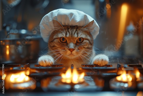 A domestic feline donning a chef hat, perched on a stove surrounded by lit candles, showcasing its culinary prowess in a cozy indoor setting