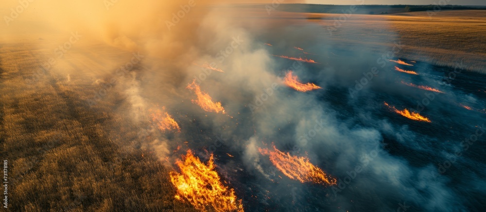 Aerial view of a dry grass meadow field burning during a drought and hot weather, causing a wild open fire that destroys the grass and creates smoke. The incident highlights the problem of air - obrazy, fototapety, plakaty 