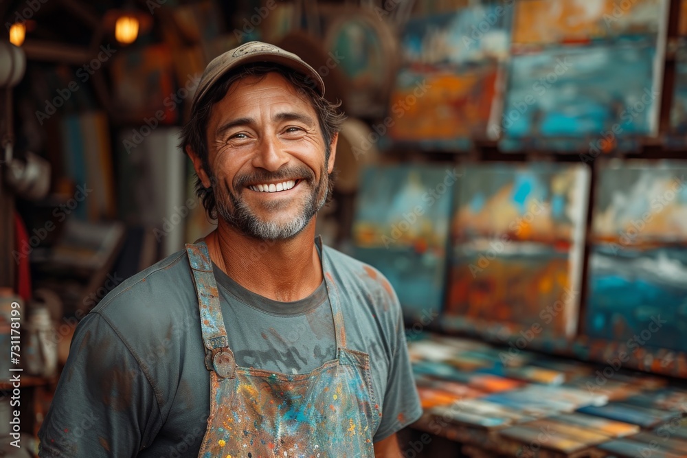 A joyful man stands proudly in a quaint painting shop, his genuine smile illuminating the room as he admires the stunning portraits adorning the walls