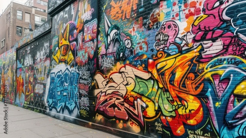 Colorful street art mural with vibrant pigments, intricate designs, and bold lettering. Larger-than-life characters and abstract shapes fill the urban landscape, showcasing the energy and creativity 
