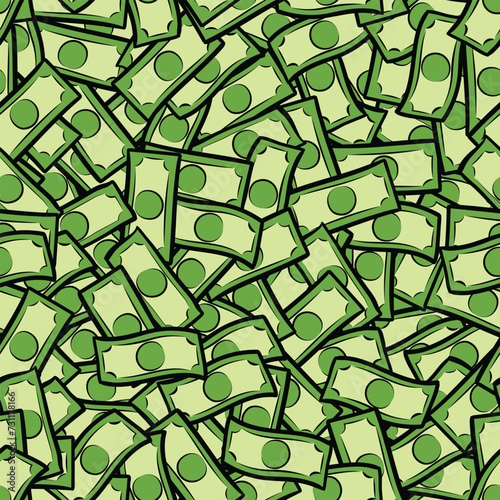 Seamless pattern of dollar bills in simple comics style. Big pile of green cash laying in random order.
