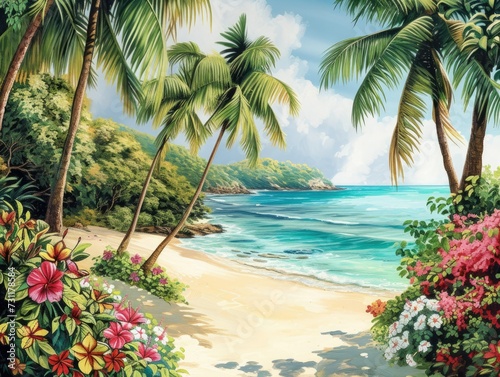 Serene tropical beach with towering palm trees, fan-shaped leaves, colorful flowers, and pure white sand