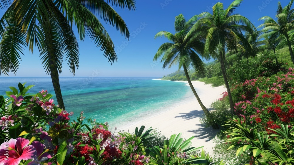 A picture-perfect tropical paradise: palm trees sway on a white sandy beach, turquoise waters glisten, vibrant flowers bloom