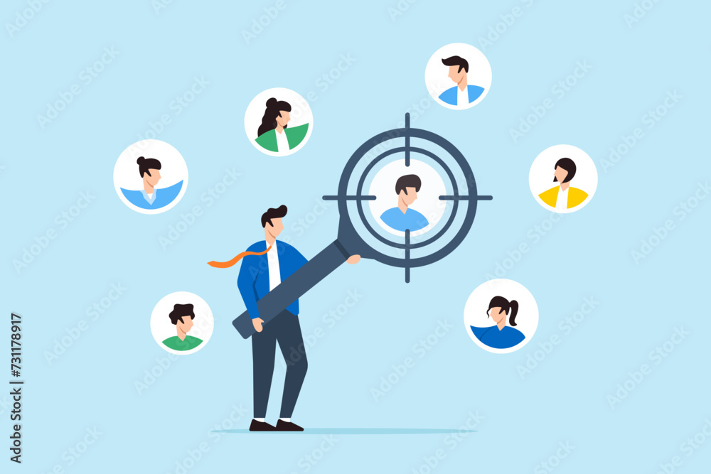 Businessman focus with magnifying glass on customer, user, or people Businessman focus with magnifying glass on customer, user, or people
