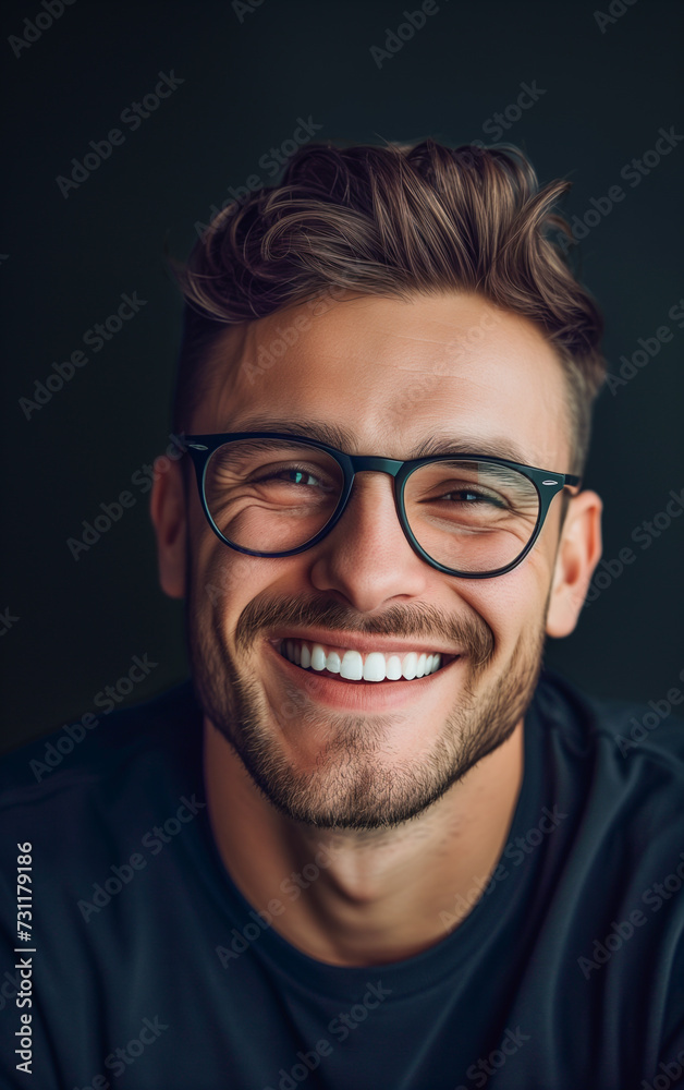 A gorgeous smiling young man wearing elegant eyeglasses