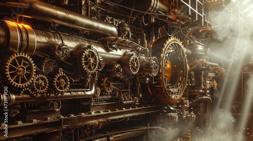 Steampunk workshop with intricate machinery, gears, and pipes. Dimly lit with beams of light. Vintage, industrial aesthetics with sharp focus and rich metallic tones. Atmospheric touch of dusty air. © Aidas