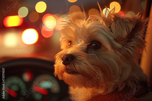 A curious yorkipoo gazes longingly out of the car window, eager for adventure and basking in the warm indoor light © familymedia