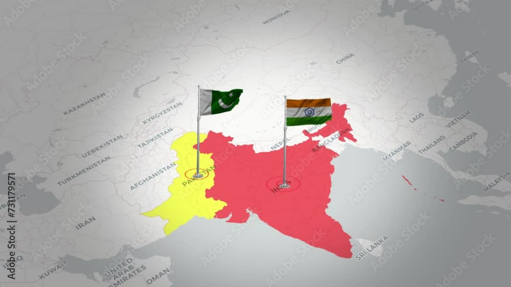Vid o stock flying flags of pakistan and india across the map pakistan