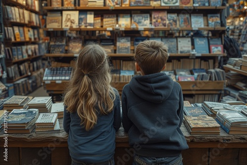 Two young siblings immersed in a world of literature and imagination as they browse through books at a cozy bookstore, surrounded by shelves filled with colorful publications and the warmth of a woma