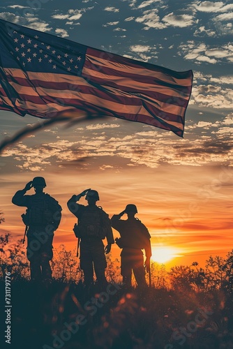 Silhouettes of soldiers saluting on background of sunset or sunrise and USA flag. Greeting card for Veterans Day. The silhouette of soldiers paying their respects.