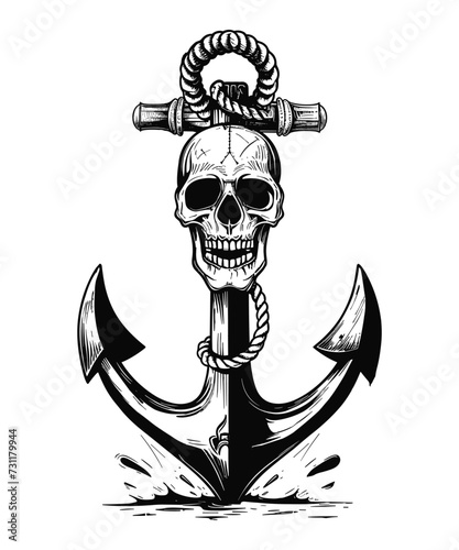 Skull emblem with anchor and rope, vector illustration