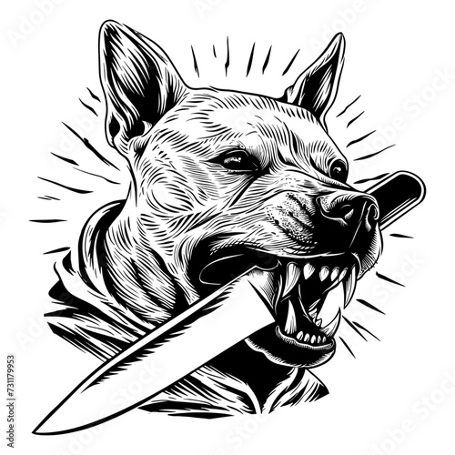 Dog biting a knife, vector illustration.