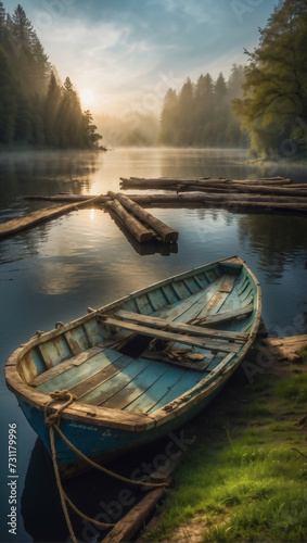 Morgenlicht durchflutet nebligen Waldsee mit Ruderboot