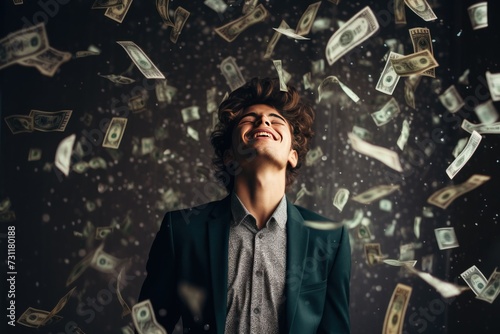 A young man with money raining in the backdrop