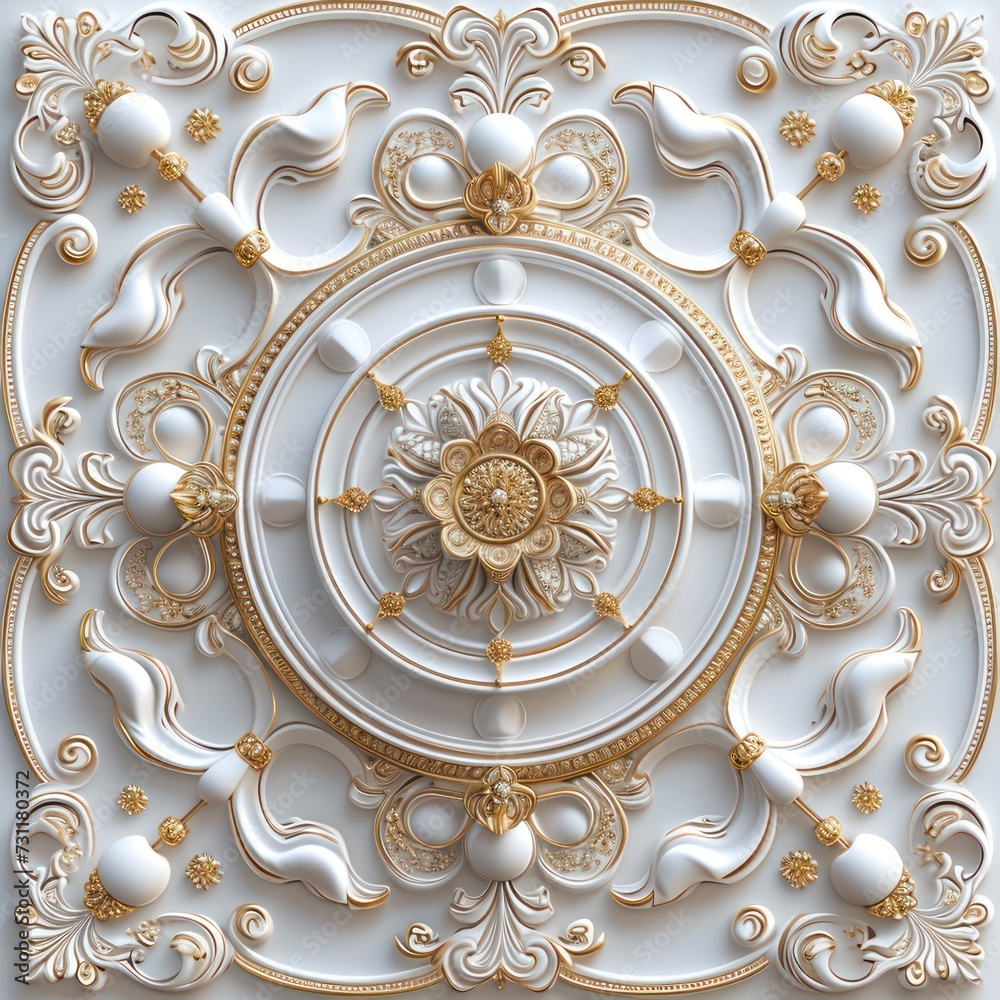 Ceiling 3D wallpaper adorned with a Victorian-style white and gold decorative frame background.
Ceiling 3D wallpaper adorned with a Victorian-style white and gold decorative frame background.