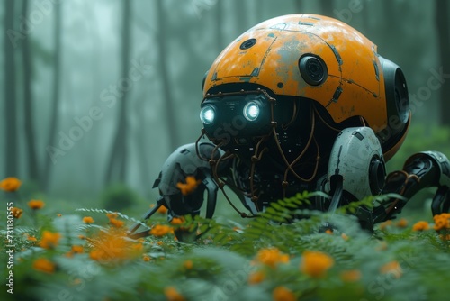 A lone robot navigates through a vibrant forest, surrounded by blooming flowers, lush plants, and tall grass, its bright orange exterior standing out against the natural surroundings