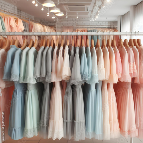 Color pastel dresses hang on hangers in clothing store © Oleksiy