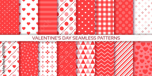 Valentine seamless pattern. Red backgrounds. Cute textures with hearts, circles, stripes and zigzag. Set retro romantic prints. Love packing papers for scrap design. Vector illustration