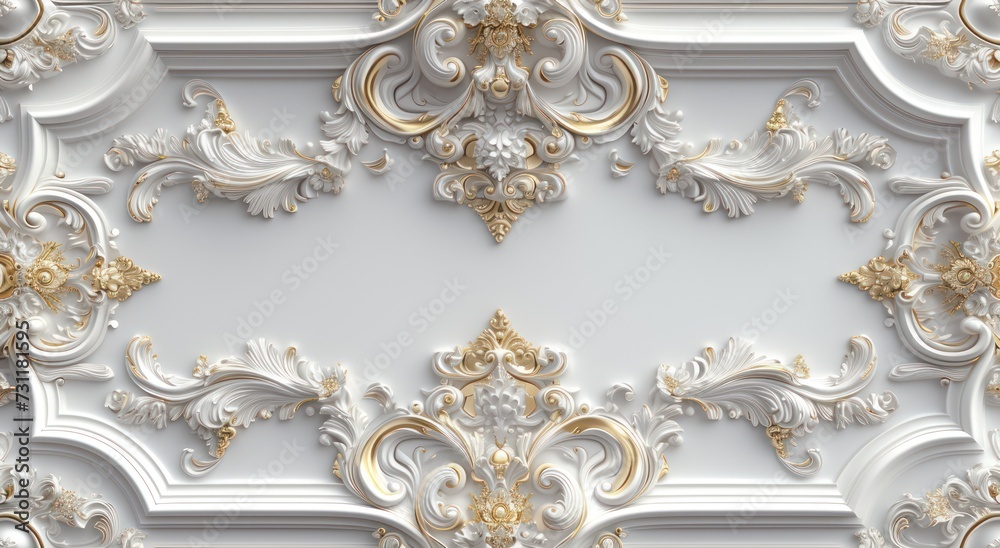 3d wallpaper for ceiling with white golden decoration model. Victorian style and decorative frame background - obrazy, fototapety, plakaty 