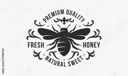 Honey vintage logo. Heraldic logo template with bee silhouette. Label, badge, emblem for Coat of Arms, Vintage Crest, Luxury logo. Vector illustration