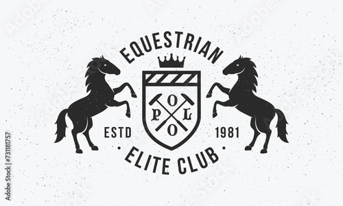 Equestrian vintage logo. Heraldic crest  template logo with horse silhouettes. Label, badge, emblem for Coat of Arms, Vintage Crest, Luxury logo. Vector illustration