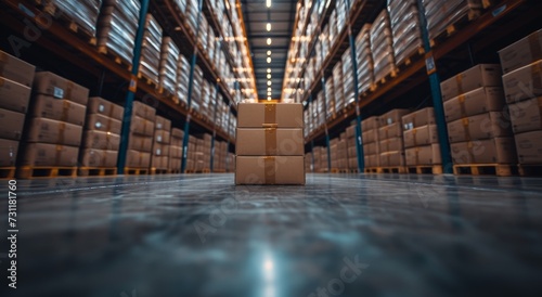 An atmospheric screenshot captures the isolation and organized chaos of a towering stack of boxes in an expansive warehouse photo