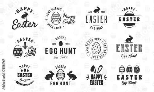 Easter related labels, emblems and logos. Easter logo set with bunny silhouette and eggs icons. Trendy vintage design. Easter background. Vector illustration