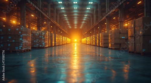 The towering stacks of boxes in the dimly lit warehouse create a maze-like atmosphere, as the city's lights twinkle through the ceiling, reflecting off the polished floor and illuminating the night photo