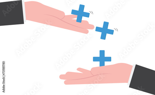 Forward positivity, growth mindset or success attitude, positive feedback, happiness or encourage people, support or optimistic concept, businessman hand forward positive plus sign to colleagues.
