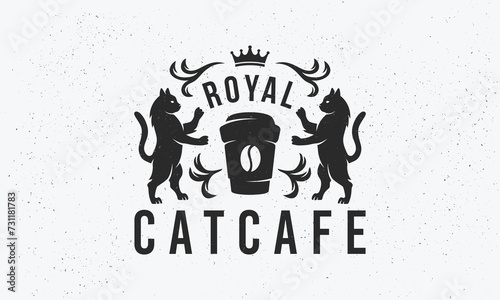 Cat Cafe vintage logo. Heraldic logo template with cats silhouettes. Label, badge, emblem for Coat of Arms, Vintage Crest, Luxury logo. Vector illustration