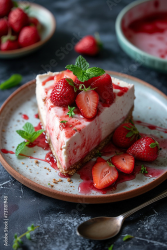 Strawberry cheesecake with strawberry on a dark background