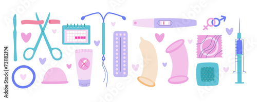 Various types of contraceptive methods. Birth control set. Flat vector illustration