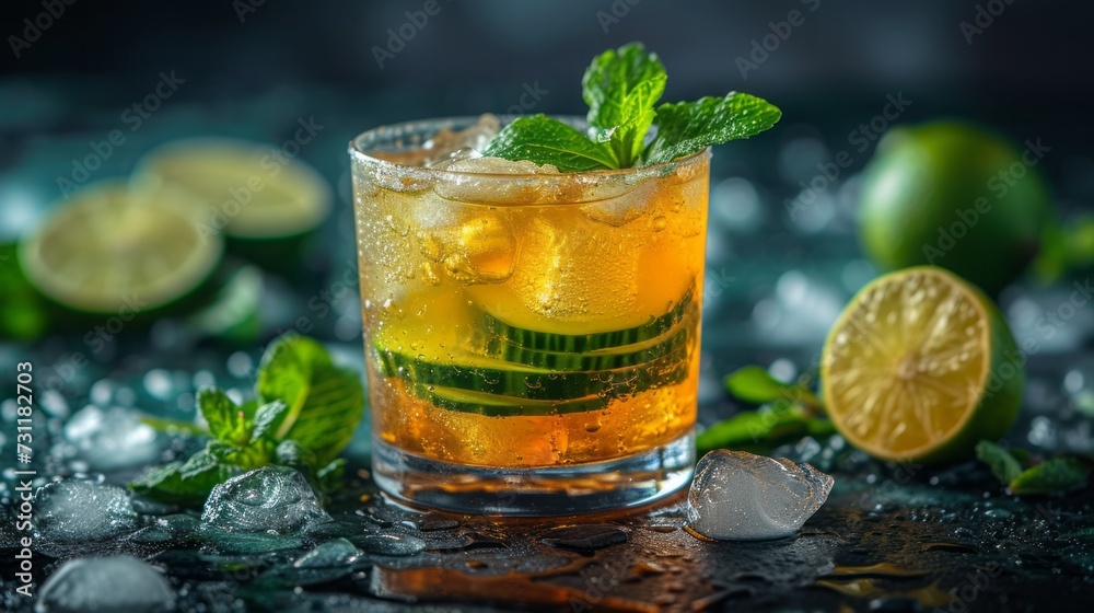 Cocktail with cucumber, ice on bar counter in a restaurant, pub. Cocktail with cucumber, ice on bar counter in a restaurant, pub.