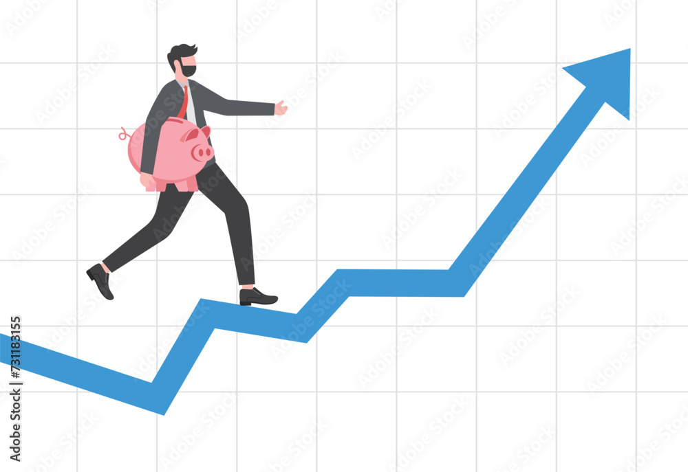 Investment strategy to earn money, plan to invest or wealth management for profit, financial planning, market analysis concept, businessman investor holding big money walk up rising graph.
Investment strategy to earn money, plan to invest or wealth management for profit, financial planning, market analysis concept, businessman investor holding big money walk up rising graph.