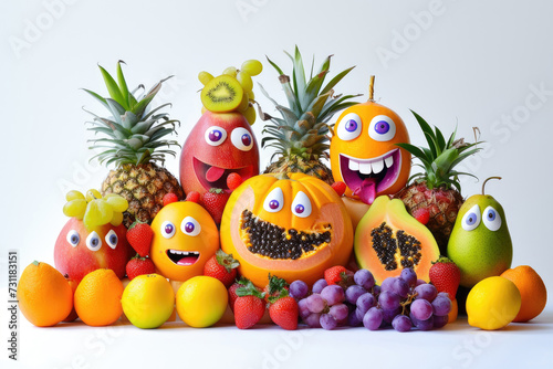 Funny faced fruits bringing joy  on a white canvas