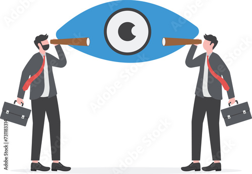 Sharing same business vision, teamwork strategy to achieve goal together, work collaboration to win same mission concept, business people team members using telescope to look into same visionary.


