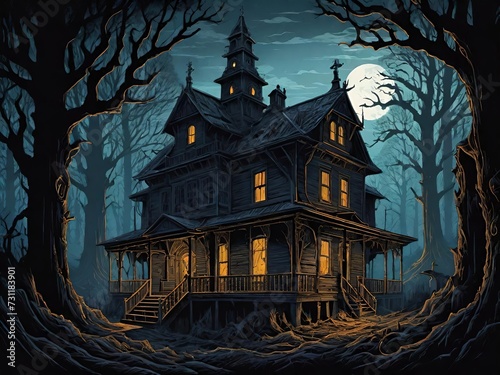Hauntingly illustration of a mysterious, old house nestled deep within a dark, eerie forest under the glow of the moon, perfect for themes related to horror, mystery, and fantasy. Generative AI. © anungcamui