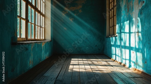 Sunlight streams through windows in an old room with peeling teal paint photo