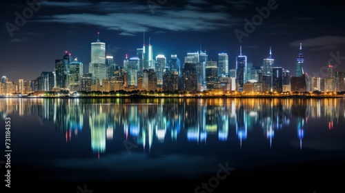 Nighttime cityscape skyline at night, illuminated and reflecting on calm waters