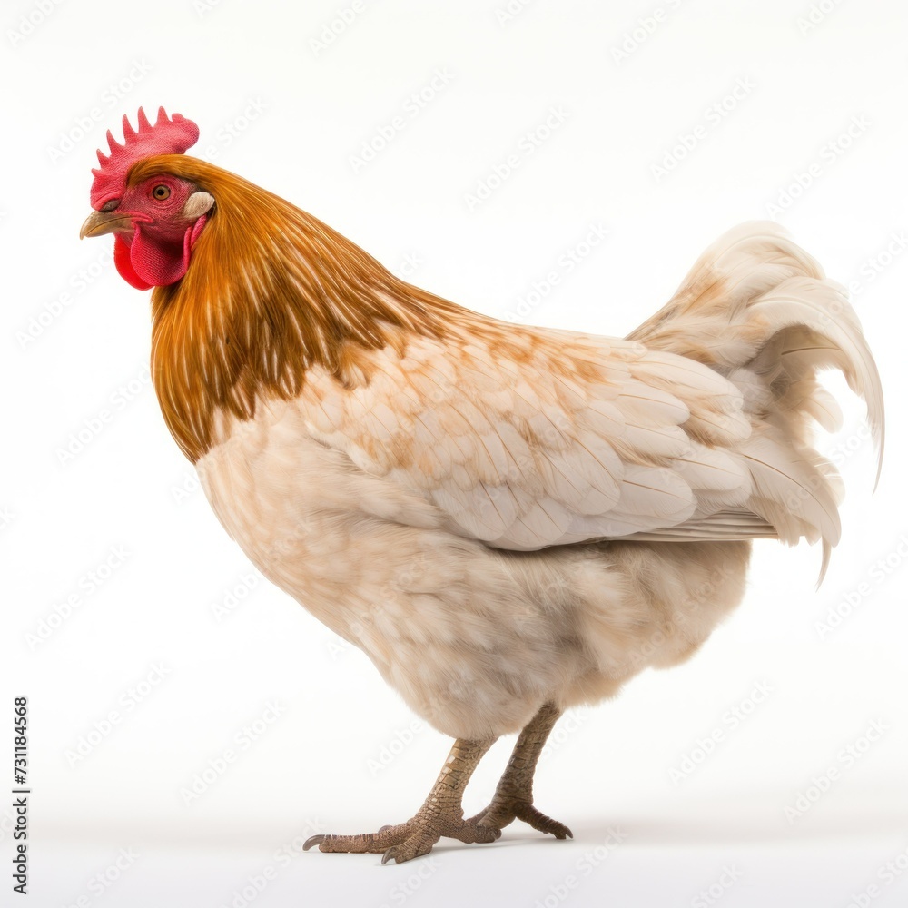 Fototapeta premium Colorful rooster in profile against a white backdrop