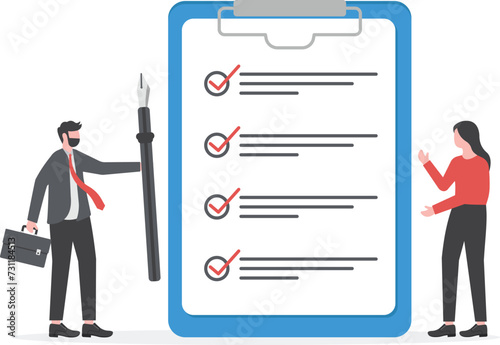 Task checklist, clipboard with to-do list checkmark, task management to track work completion, accomplishment, survey or questionnaire concept, business people with penl and checklist clipboard.

