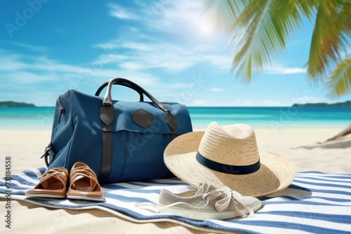 Beach essentials laid on sandy shore under clear blue sky.