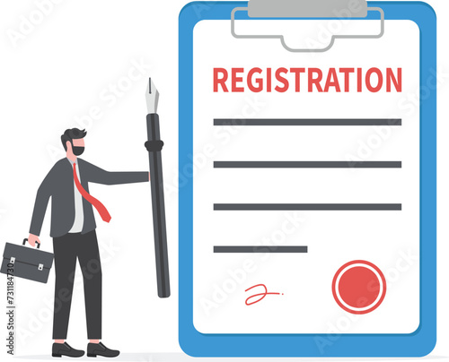 Company registration service, start new business, legal term or ownership entrepreneur assistant, confident businessman holding pen success sign company document with stamped.

